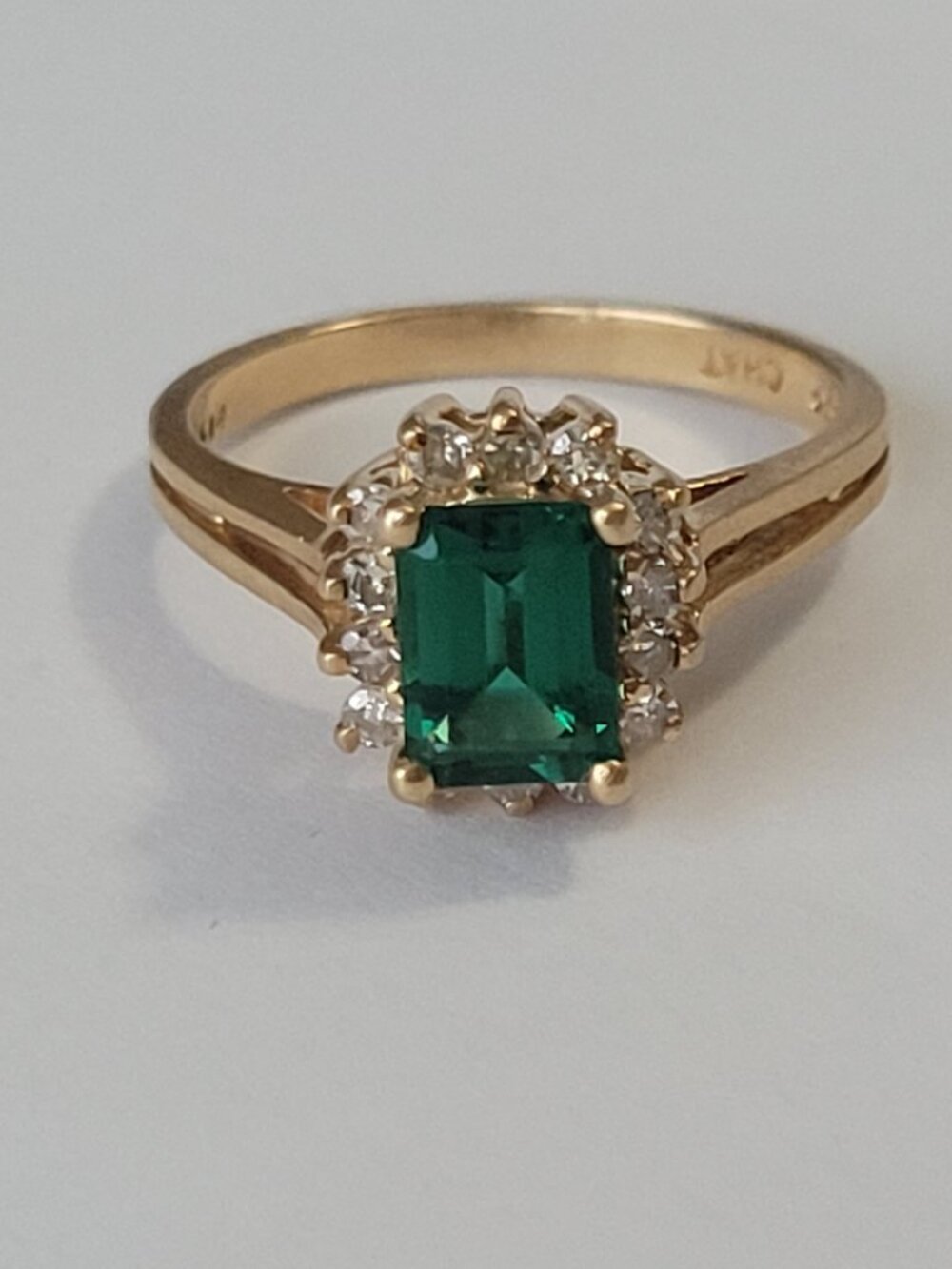 Emerald Diamond 14k Gold Vintage Ring Chatham 14 Diamonds 1980's May Birthstone - Picture 2 of 15